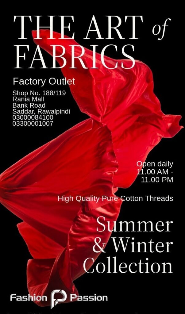 Kamalia Khaddar Contact — red fabric poster for factory outlet at Rania Mall, Saddar Rawalpindi.